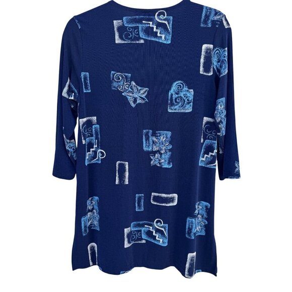 Carolyn Strauss Collection Womens Blue Patterned 3/4 Sleeve Stretch Tunic Top M - Picture 6 of 7